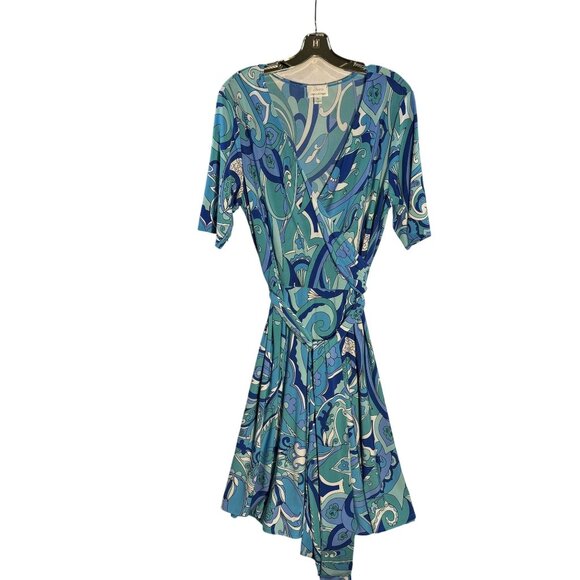 Donna Morgan Wrap Dress Blue Abstract Print Size 14 Polyester/Spandex Made In US - Picture 2 of 8